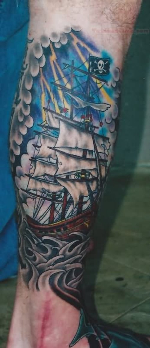 Color Jolly Roger Ship Tattoo On Leg